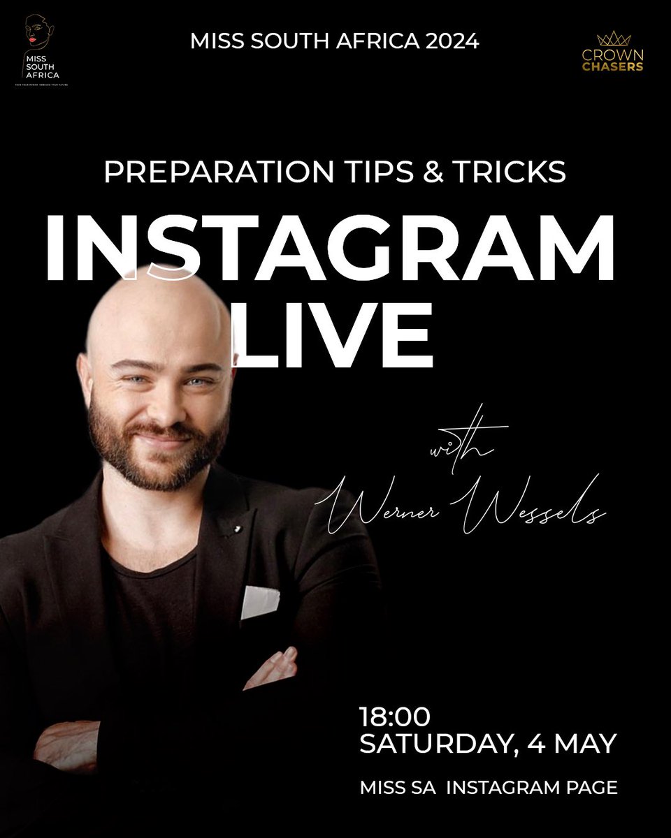 Join us for today’s Instagram live session featuring our creative director @werner_wessels, as he shares invaluable preparation tips and tricks. Tune in at 6 PM (SAST) ⏰ Don’t let this opportunity slip away 😉 #misssa2024 #misssouthafrica #faceyourpower #embraceyourfuture