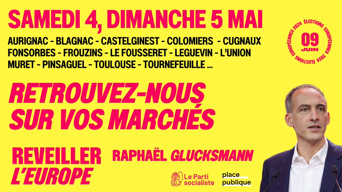 Rendez-vous sur vos marchés de #HauteGaronne pour rencontrer les @socialistes31, @31_place pour débattre de propositions portées par @rglucks1, @claire_fita, @ChloeRidel, @CCourade, @SajhauHugo pour Réveiller l'Europe