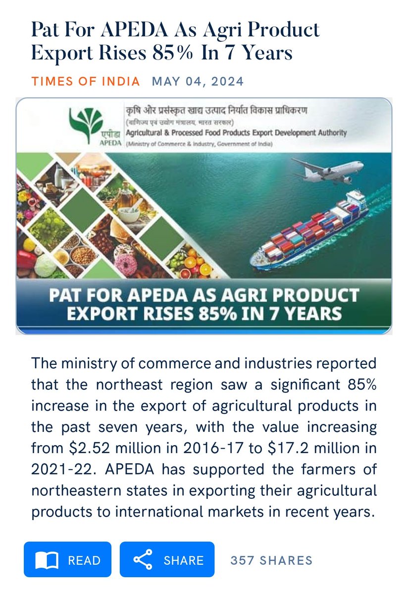 Pat For APEDA As Agri Product Export Rises 85% In 7 Years