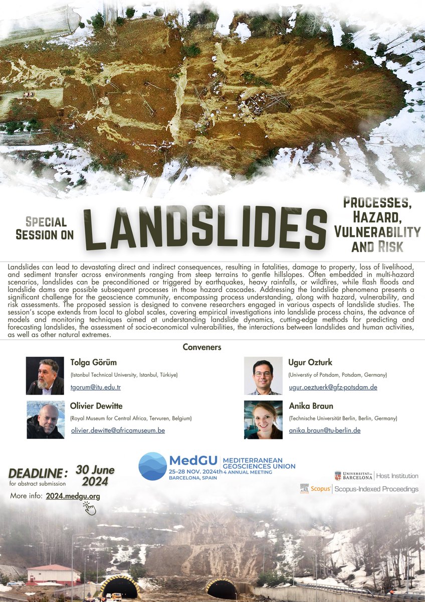 Landslides are a constant threat that causes extensive socio-economic and environmental damage on different scales. To discuss this further, join us for a special session on Landslides: Processes, Hazard, Vulnerability, and Risk at MedGU 2024 2024.medgu.org/index.php?p=sp… in Barcelona.