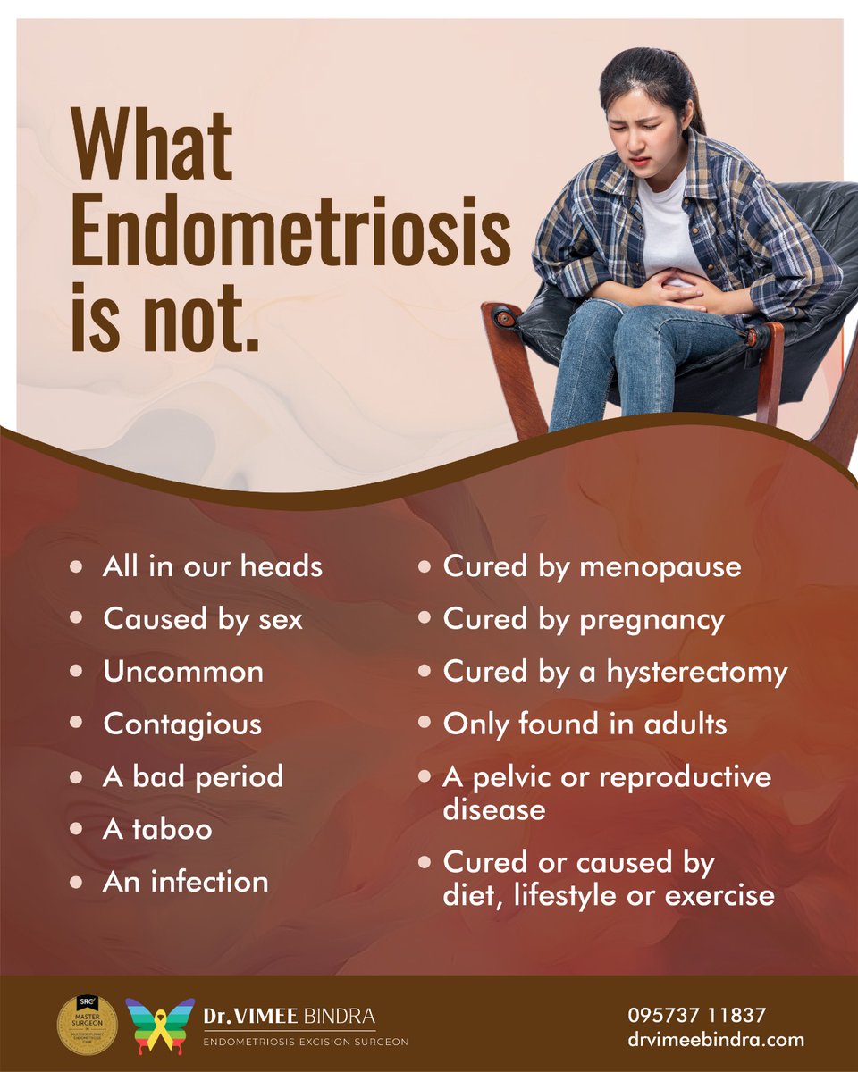 Endometriosis is more than just painful periods—it's a condition that impacts every aspect of life. Let's challenge misconceptions and shed light on what Endometriosis truly is not.

#drvimeebindra #endocrusader #gynecologist #endocare #endometriosis #adenomyosis #endodiet #pcos