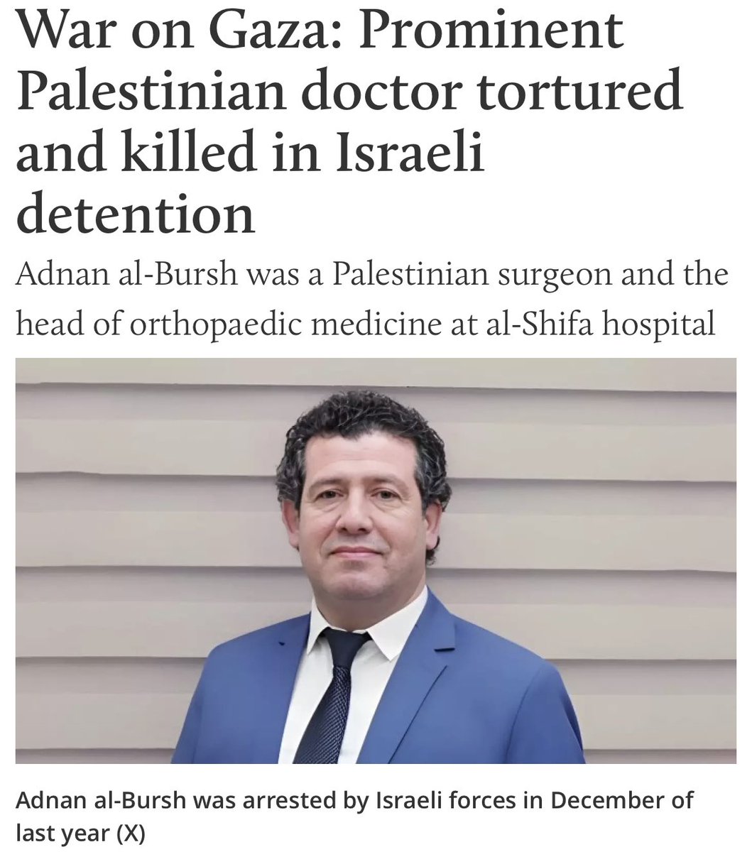 Despite thousands of reports of torture, sexual assault, and physical abuse in Israeli prisons, the Zionists will continue to pretend it’s not happening Prisoners are saying this beloved doctor was severely tortured for weeks/months It’s simple, if he wasn’t tortured, let his