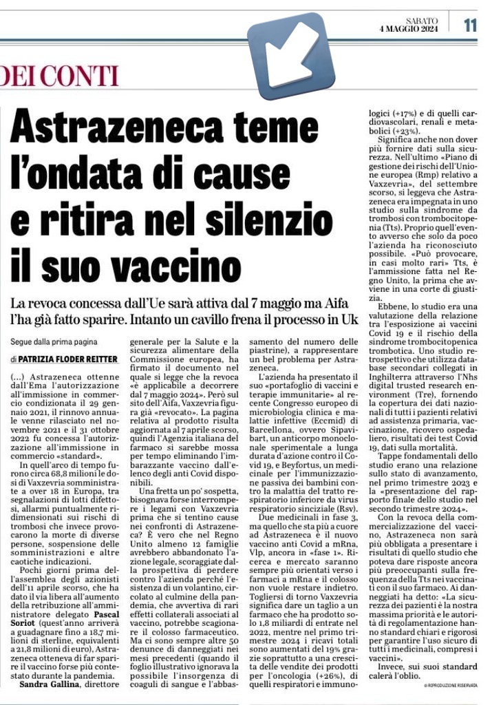 #AstraZeneca ma come? Non erano sicuri questi 'vaccini'? Non erano testati su milioni di persone? E adesso dove è la scienzah? Hanno nascosto la verità. Rifiutare la 'vaccinazione' non era complottismo #novax era prudenza del buonsenso! #7maggio24 #Aifa