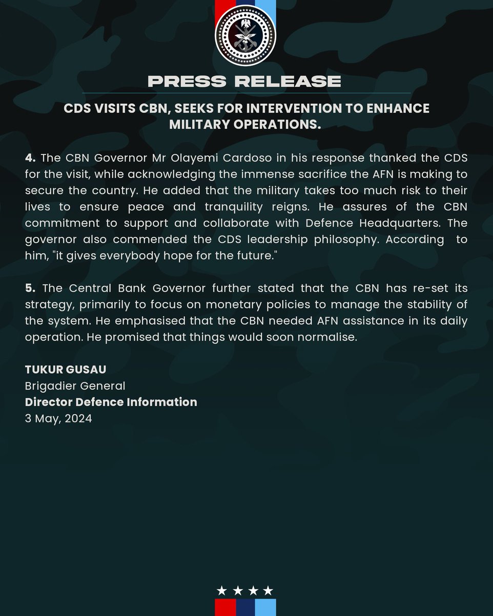 #PressRelease #DHQupdate
CDS Visits CBN, Seeks For Intervention to Enhance Military Operations

03 MAY 2024