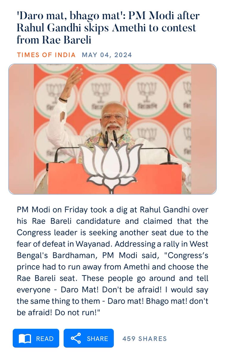 'Daro mat, bhago mat': PM Modi after Rahul Gandhi skips Amethi to contest from Rae Bareli timesofindia.indiatimes.com/india/daro-mat… via NaMo App