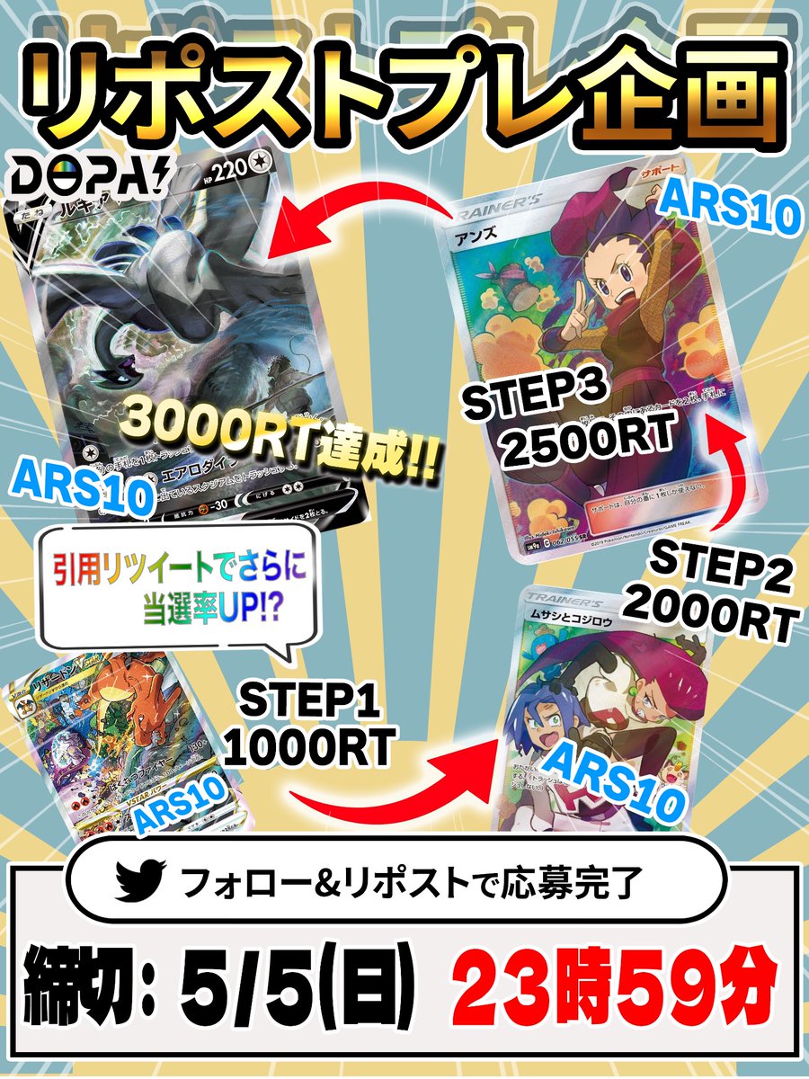 🌈✨DOPA!オリパ!プレ企画✨🌈

#STEPUPプレ企画 !!✨

1000RP達成で最初は
ARS10リザードンVSTARから開始!

最大3000RPで
豪華なカードへランクUP🔥

@DOPA_Oripa
をつけてリプで当選率アップ🆙

✅当選人数：抽選一名様
✅参加方法：フォロー＆RP
✅明日:5/5(日)23時59分

#DOPAオリパ #ポケカ