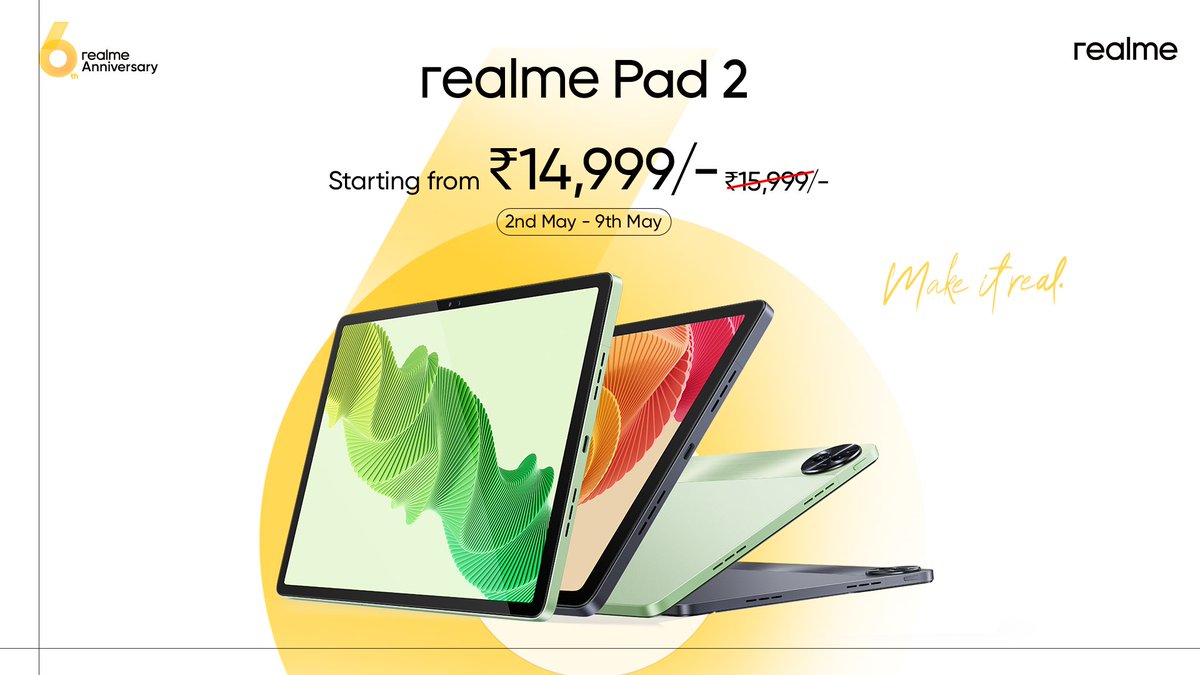 The surprises are just getting bigger and it's time you your hands on #realmePad2 with the exclusive 6th anniversary sale #6YearAnniversary #MakeitReal Shop here: bit.ly/4by4LJx