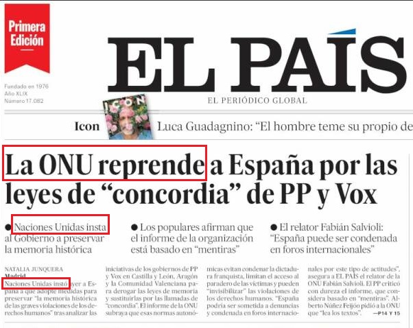 🔊ALERTA BULO 🔊

La directora de @elpais_espana, @PepaBueno, publica  una mentira en su portada.

La redactora @nataliajunquera escribe que 'la ONU reprende a 🇪🇸'.

Se trata de 3 relatores, que elaboran estos informes voluntariamente.

La ONU como tal no ha dicho nada.