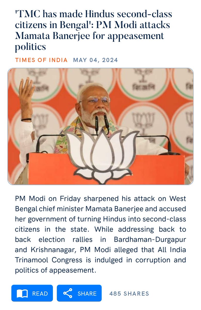 'TMC has made Hindus second-class citizens in Bengal': PM Modi attacks Mamata Banerjee for appeasement politics timesofindia.indiatimes.com/india/tmc-has-… via NaMo App