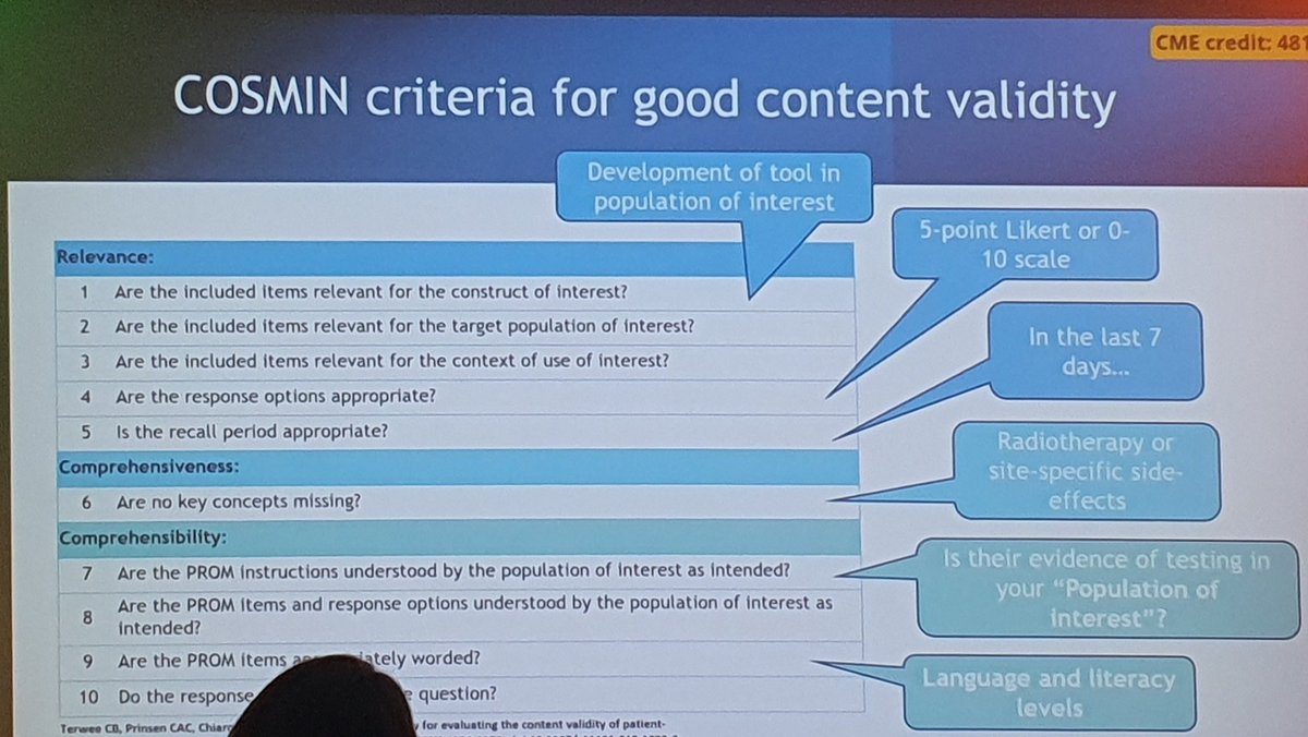 Fairweather: Content validity is the most important measurement property of a #PROM, if developing PROMS involve patients in the conversation! #patientvoice #ESTRO24