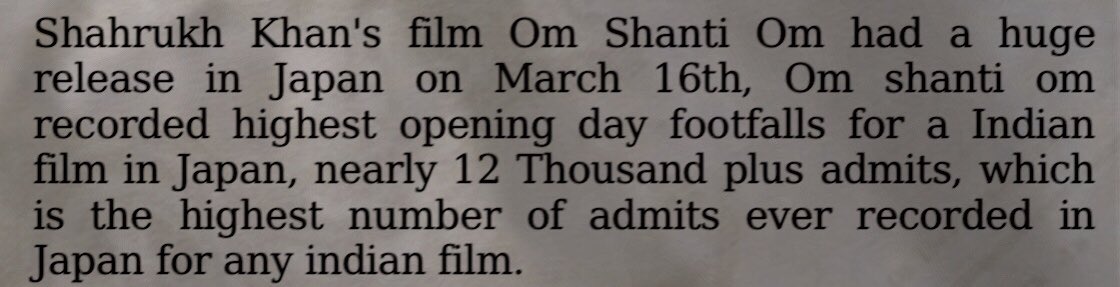 #OmShantiOm 16th March 2013 Japan Release 

Day 1 footfalls- 12K+

Highest Opening Day Footfalls For Any indian Film in Japan