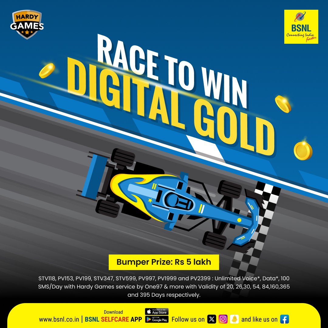 Turn your gaming skills into gold with #HardyGames! 
Explore now, exclusively on BSNL prepaid plans. 

Download #BSNLSelfcareApp 
Google Play: bit.ly/3H28Poa 
App Store: apple.co/3oya6xa 
#BSNLOnTheGo #BSNL #DownloadNow #BumperPrize