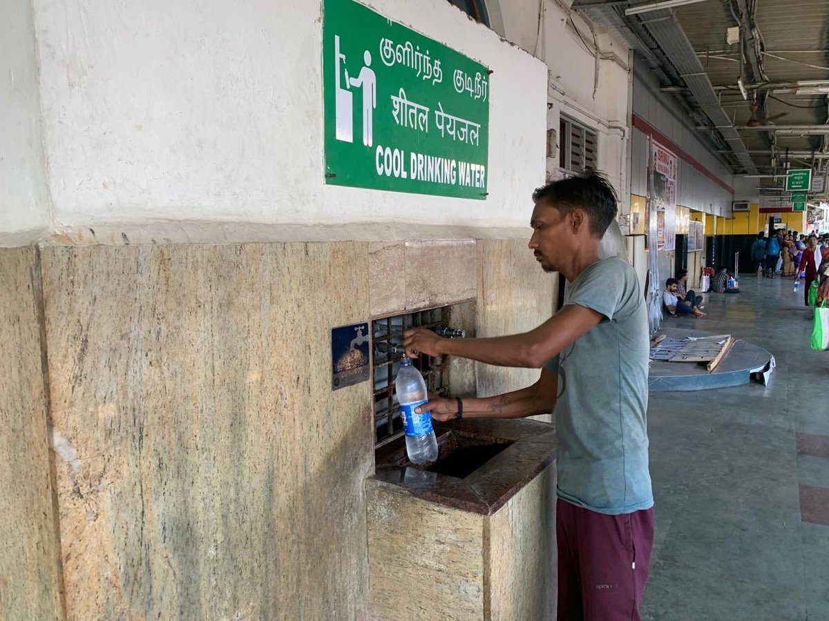 Glimpses of Passengers trying to quench their thirst during the travel by refilling their water bottles at Katpadi Railway Station Please make use of the drinking water facility arranged at stations and stay hydrated to #beattheheat of this #summer #Summerseason