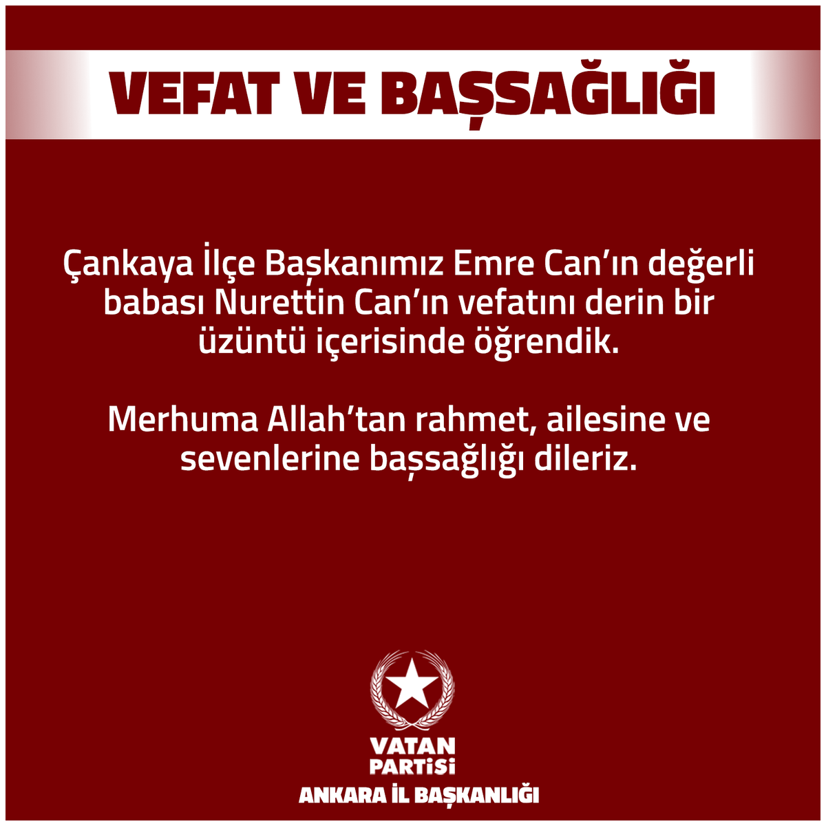 Çankaya İlçe Başkanımız Emre Can’ın değerli babası Nurettin Can’ın vefatını derin bir üzüntü içerisinde öğrendik. Merhuma Allah’tan rahmet, ailesine ve sevenlerine başsağlığı dileriz.