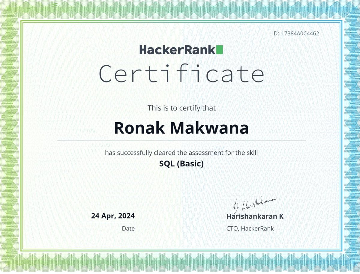 ronakdeveloper's tweet image. Completed the SQL Basic Certification through @hackerrank , demonstrating fundamental proficiency in SQL. This certification covered essential skills such as creating and manipulating databases,writing SQL queries,and understanding data relationships through JOINs and subqueries.