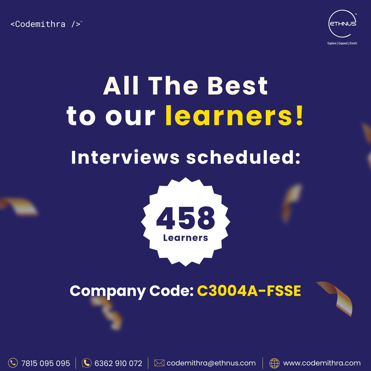 Best wishes to our 458 learners whose interviews have been scheduled.

#careeropportunity #hiringnow #jobhunt #bangalorejobs #careergrowth #joboffer #career #tech #course #offer #Bengaluru #Karnataka #Bangalore #jobseeker #technology #job #hiring #jobhiring #jobalert #opportunity