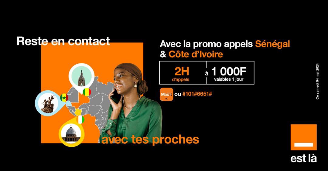 Ce samedi, c’est 2h d’appel vers Orange Sénégal et Orange Côte d'Ivoire à 1000F. RDV ici t.ly/Maxit ou au #101#6651# #OrangeMali #Promo #Senegal #Cotedivoire