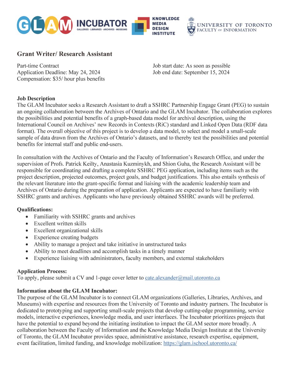 Patrick Keilty (@patrickkeilty) on Twitter photo The GLAM Incubator is looking for a research assistant/ grant writer <a href="/UofTInfoFaculty/">University of Toronto Faculty of Information</a> <a href="/KMDIUofT/">Knowledge Media Design Institute</a> <a href="/ArchivesOntario/">Archives of Ontario</a> The GLAM Incubator is looking for a research assistant/ grant writer <a href="/UofTInfoFaculty/">University of Toronto Faculty of Information</a> <a href="/KMDIUofT/">Knowledge Media Design Institute</a> <a href="/ArchivesOntario/">Archives of Ontario</a>