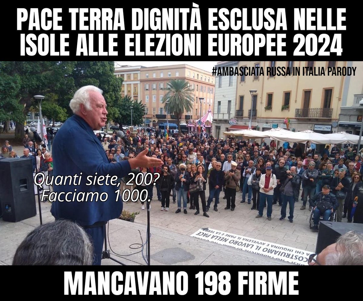 🇷🇺 La lista Pace Terra Dignità di Michele Santoro è stata esclusa anche nella circoscrizione Isole (dopo il Nord Ovest) alle prossime elezioni europee. Mancavano 198 firme 🇪🇺

Strano perché il conteggio era affidato al matematico Piergiorgio Odifreddi. Che peccato 😭 #Europee2024