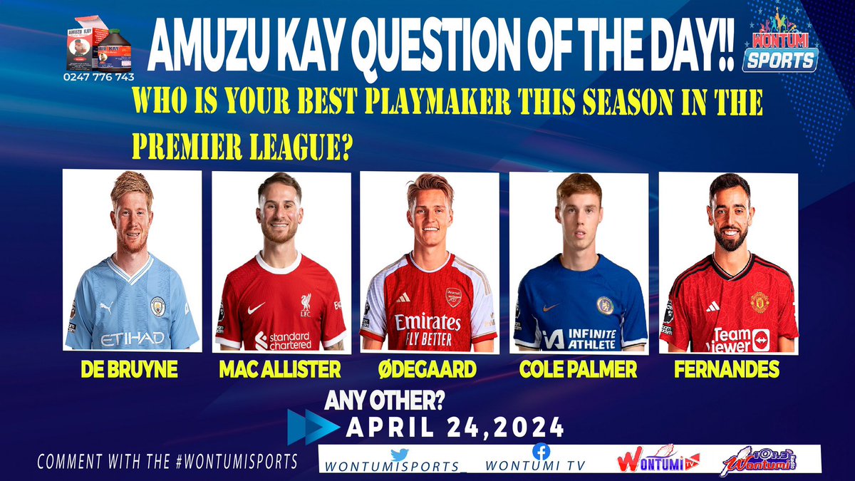QUESTION OF THE DAY!!

WHO IS YOUR BEST PLAYMAKER THIS SEASON IN THE PREMIER LEAGUE?🤔

A. KEVIN DE BRUYNE🇧🇪 
B. MAC ALLISTER🇦🇷 
C. ØDEGAARD🇳🇴 
D. COLE PALMER🏴󠁧󠁢󠁥󠁮󠁧󠁿
E. BRUNO FERNANDES🇵🇹 
🗣️ANY OTHER?👤

COMMENT WITH THE HASHTAG #WontumiSports FOR VALIDITY.🔥🔥🔥