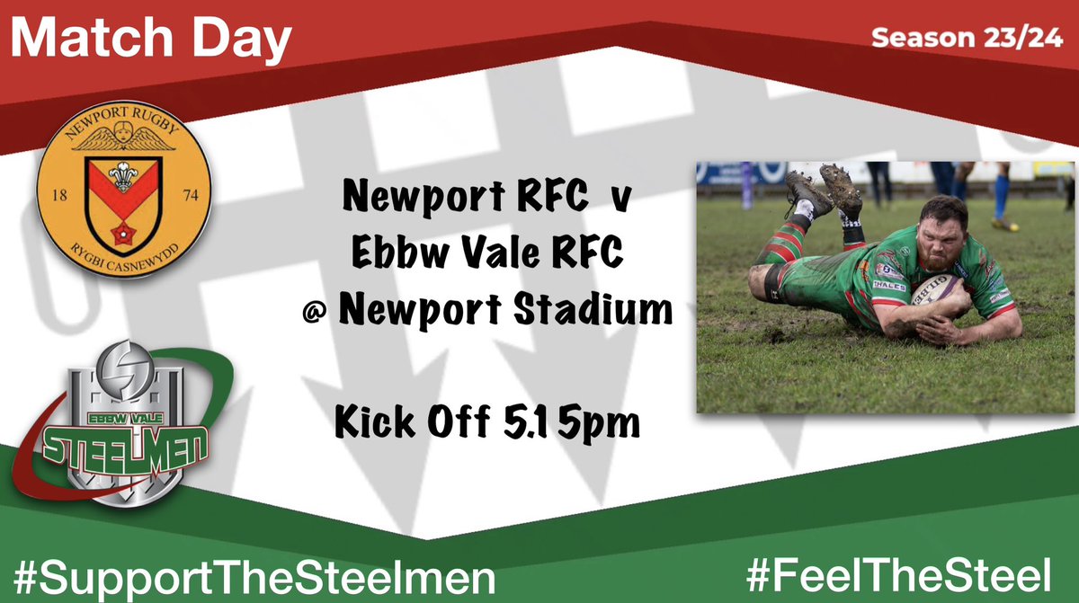 It’s Match Day!
Premiership Playoffs Semi-Final

@NewportRFC v Ebbw Vale RFC

📅Saturday 4th May
⏲️ 5.15pm
📍Newport Stadium
#SupportTheSteelmen

 #FeelTheSteel #GwentDerby

@AllWalesSport @IndigoPrem