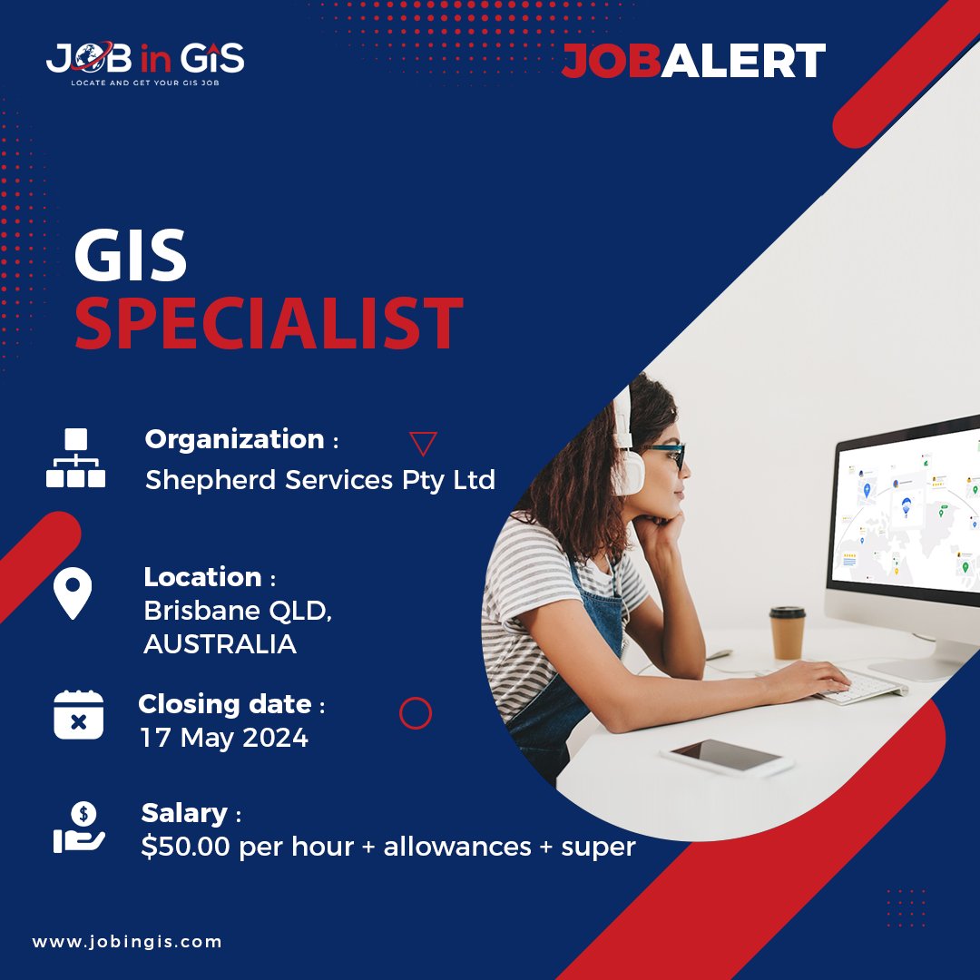 #jobingis : Shepherd Services Pty Ltd is hiring a GIS Specialist
📍: #Brisbane  QLD, #AUSTRALIA
💰 : $50.00 per hour + allowances + super

Apply here 👉 : jobingis.com/jobs/gis-speci…

#Jobs #mapping #GIS #geospatial #remotesensing #gisjobs #Geography #cartography