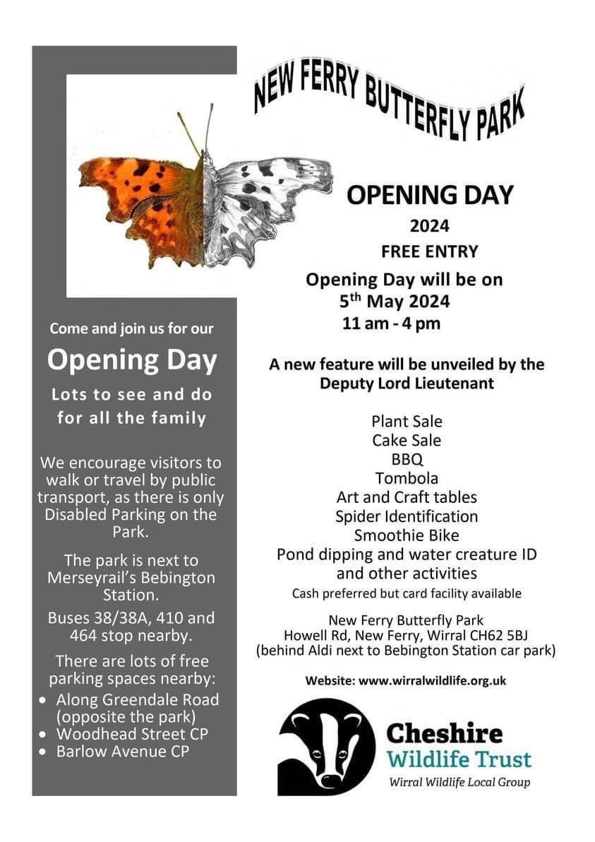 Just spotted this. A 🦋 🦋🦋 park opening tomorrow Sunday 5 May. Thanks @CheshireWT for prioritising disabled parking to help make this event accessible. @wirralmums @_FamilyToolbox_ @Crea8Comm @TPositivitree @PrimaryGrove @ChurchDrivePS @OakTreesMAT @WeAreCastleway @DawpoolCofE