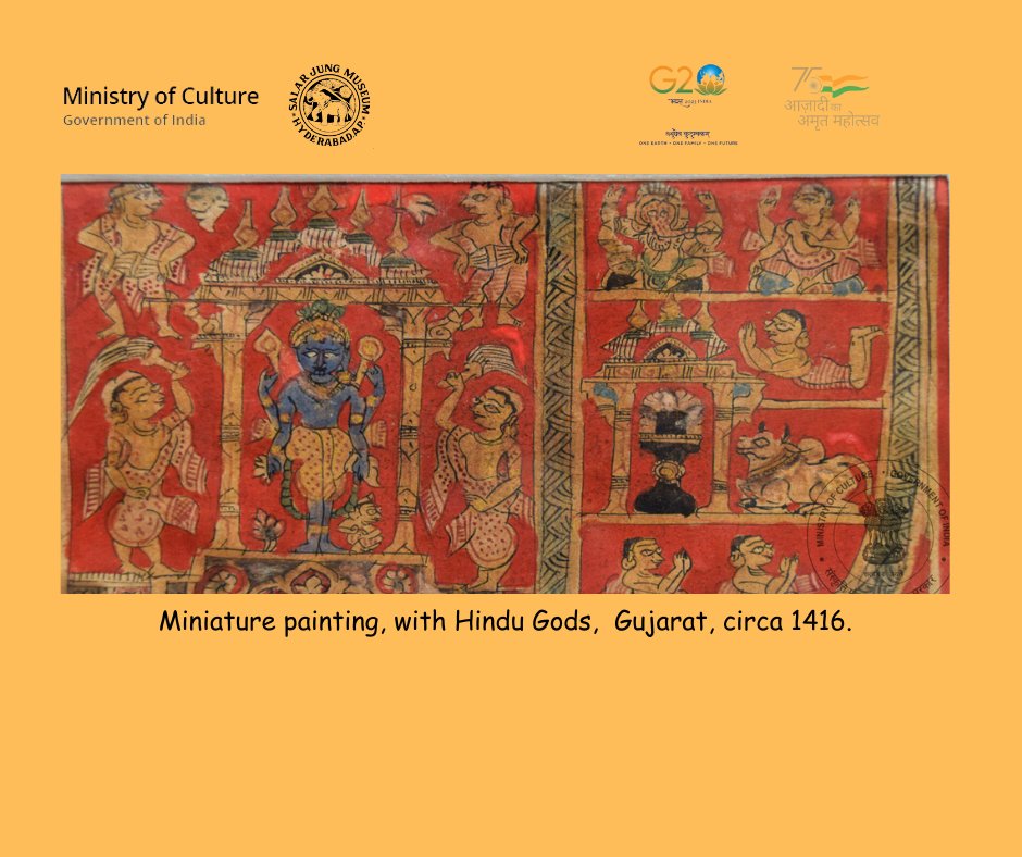 An interesting miniature painting, an illustration from ‘Balgopal-stuti’ representing Lord Vishnu figure in a ‘mandir’ with attendants. Lord Shiva as a ‘linga’, and Nandi is also seen. Lord Ganesha in the upper panel, Gujarat, circa 1416.
#SalarJungMuseum #miniaturepainting