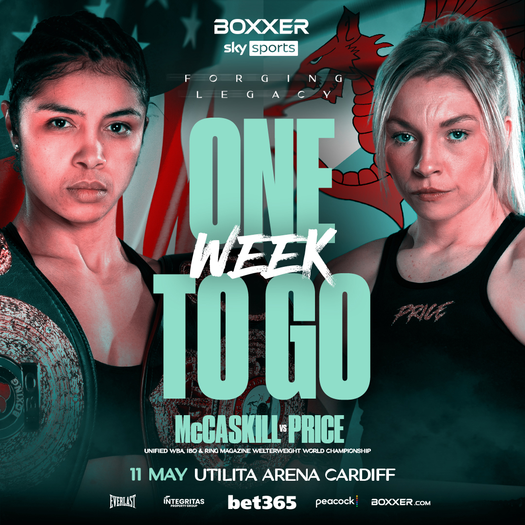 𝟏 𝐖𝐄𝐄𝐊 𝐓𝐎 𝐆𝐎! ⏳ @jaydi_mac defends her unified World Titles next week, looking to fend off the Welsh superstar @LLPrice94. Who are you backing? 👀 Final tickets remaining, BOXXER.com 🎟️ #McCaskillPrice | 11.05.24 | Utilita Arena, Cardiff |…
