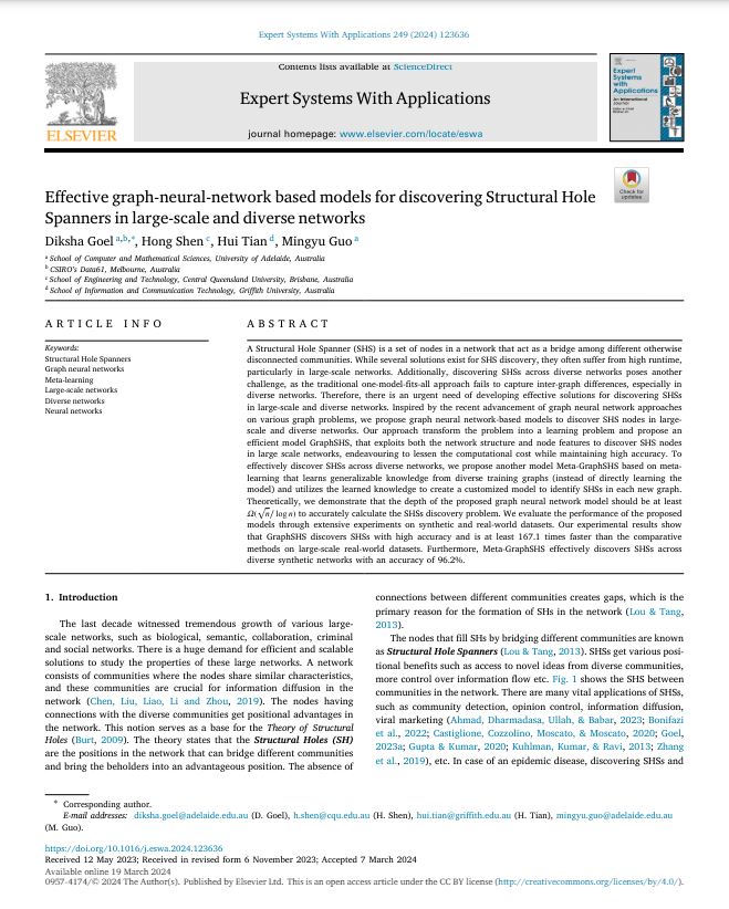 Thrilled to announce that our latest research paper on Graph Neural Network Models for Structural Hole Spanners is now published in Expert System with Applications Journal (#ImpactFactor 8.5)!  
Read full article: t.ly/FdtRU  
#Graphs #NeuralNetwork #MachineLearning