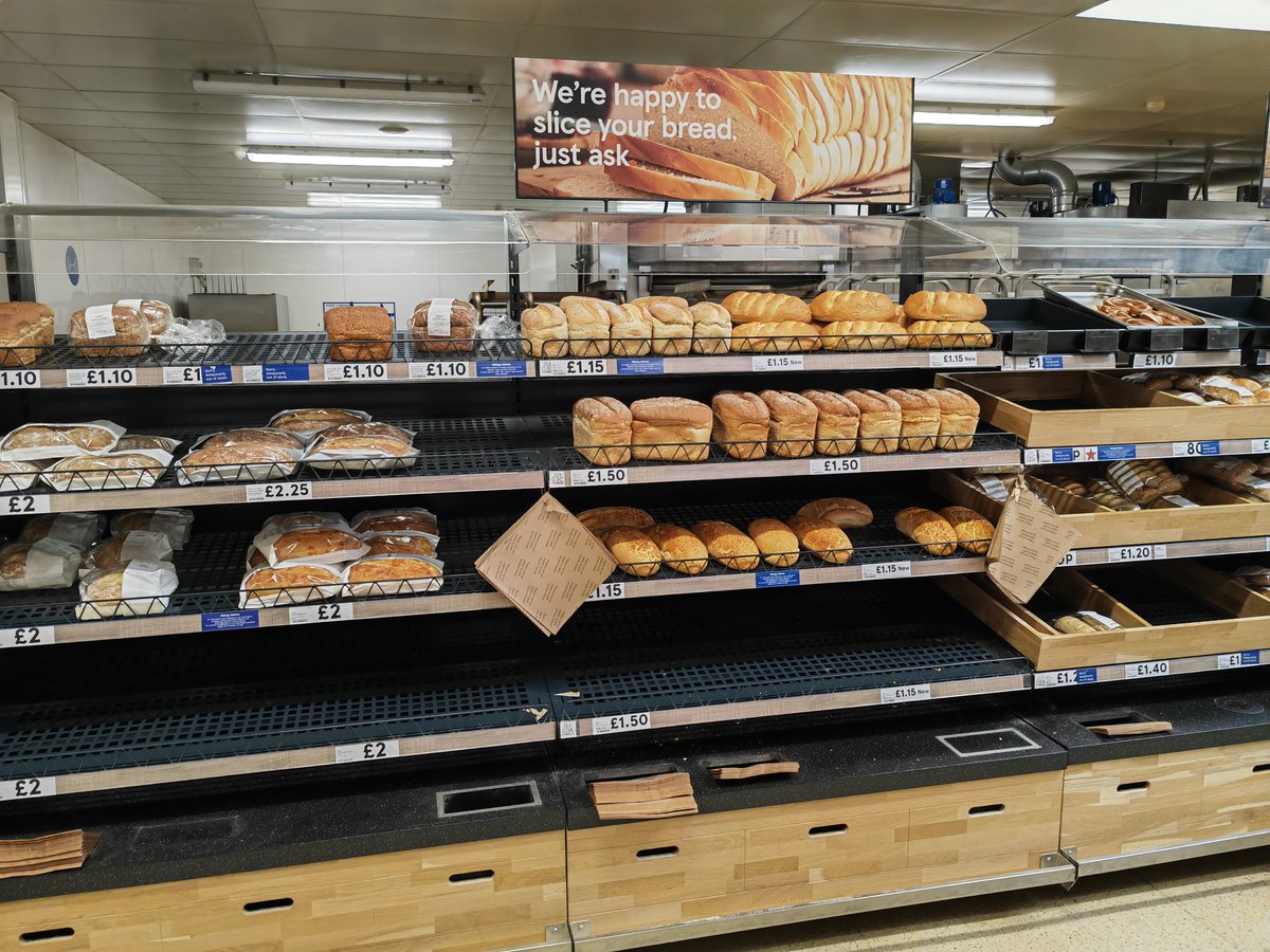 @tesco Rugeley Tesco store at 9.20 Saturday. At least there's something there. However as I and many others discovered no large loaves such as a square sandwich loaf. No one to ask if any exist. Also the small loaves on the top are not very nice tasting.