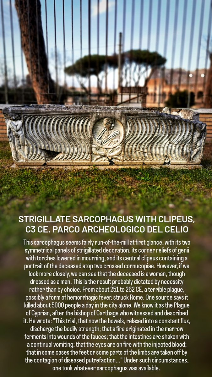 For #SarcophagusSaturday we're at the #ParcoArcheologicodelCelio to look at a shattered but reconstructed #sarcophagus whose ordinary appearance may mask an extraordinary, and terrible, circumstance: a devastating #plague in #Rome.