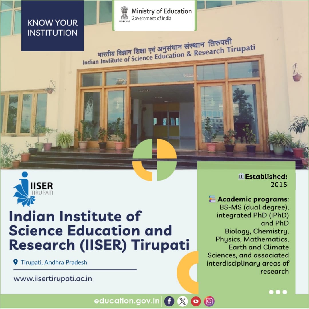 Know about the HEIs of India!

Indian Institute of Science Education and Research Tirupati, established in 2015, is spread over 200 acres of sprawling green campus with highly tech-oriented sustainable buildings. It is the sixth Institute in the chain of IISERs established by the