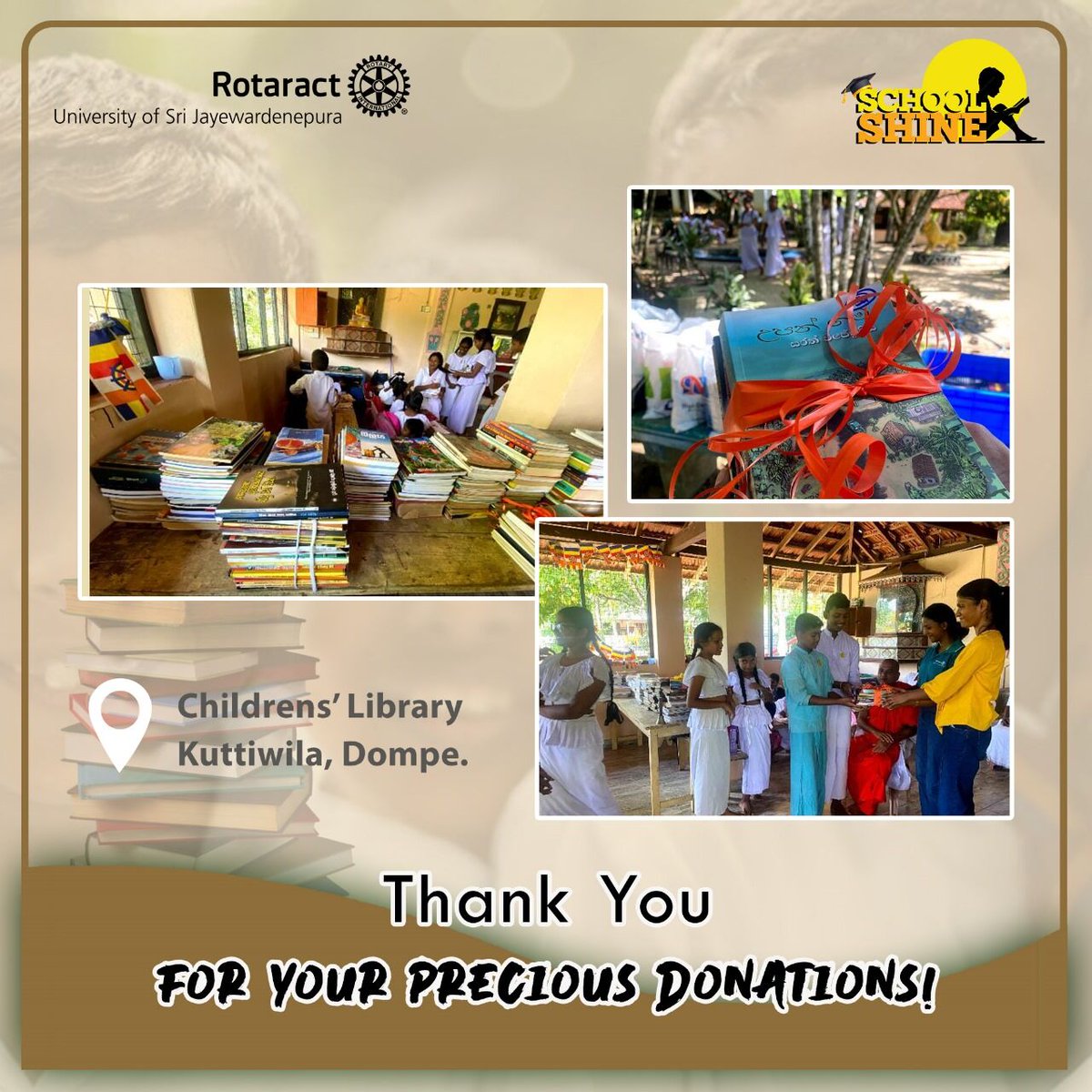 Gratitude fills our hearts as we reflect on the success of the School Shine project by the RACUSJ. 📖

Your generous donations of books have transformed the landscape of education in Kuttiwila, Dompe.

#SchoolShine
#Rotaract
#Rotaract3220
#CreateHopeintheWorld
#YouthForAll