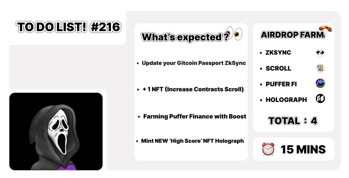 📝 𝗧𝗢 𝗗𝗢 𝗟𝗜𝗦𝗧! #216 🔹 Update your Gitcoin Passport ZkSync 🔗 - support.passport.xyz/passport-knowl… 🔹 + 1 NFT (Increase Contracts Scroll) 🔗 - myster-guest.nfts2.me 🔹 Farming Puffer Finance with Boost 🔗 - quest.puffer.fi/chapter3 🔗 - quest.puffer.fi/integration 🔹 Mint NEW ‘High…