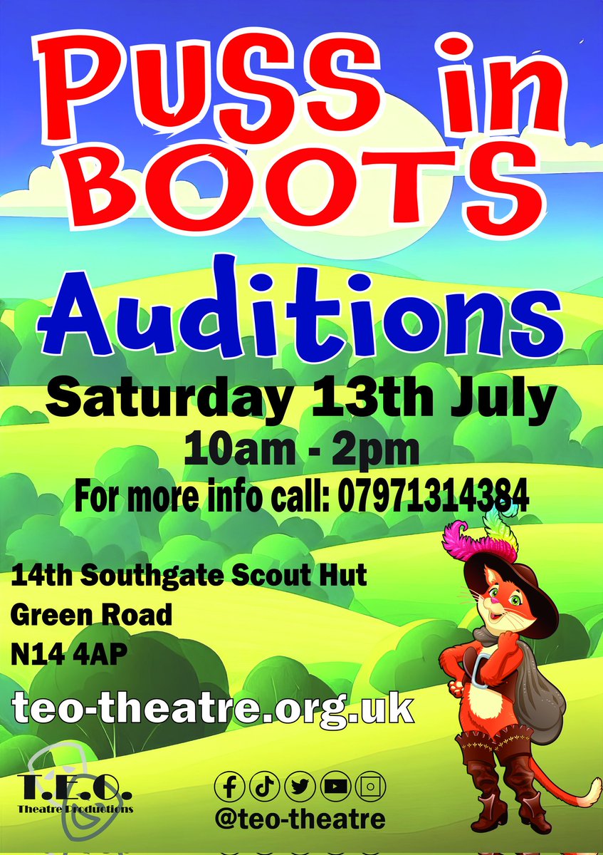 🌟 Save the date! 🌟 

Calling all  performers! get ready for the auditions for this year's panto, Puss in Boots 😺 

Mark your calendars for Saturday 13th July and make sure you don't miss out on this exciting opportunity! 

Stay tuned for more details coming your way soon! 🎭✨