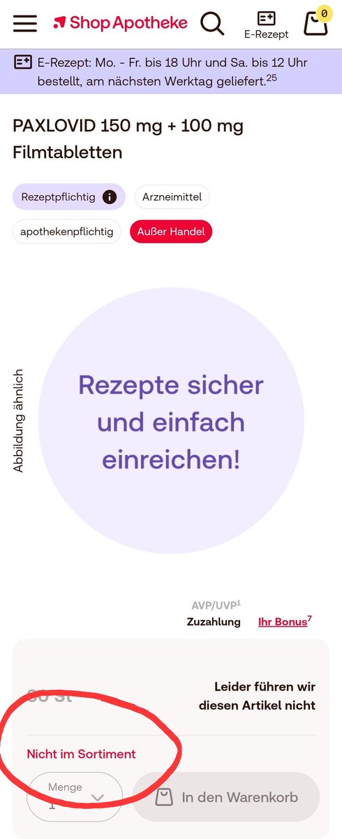 #paxlovid #CovidIsNotOver Nirgends ist mehr Paxlovid erhältlich?! WTF ist denn bitte los? Kassen-E-Rezept liegt vor, zig Apotheken vor Ort können es nicht beschaffen und online geht auch nichts. (Online-Bekannte betroffen, Risikopatient @ApothekerDer @apotheken_de