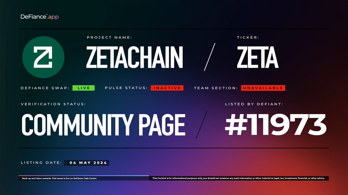 .@zetablockchain community page is now live on DeFiance.app/project/Zetach…. 

$ZETA is now listed on #DeFianceSwap. 

ZetaChain is the foundational, public blockchain that enables omnichain, generic smart contracts and messaging between any blockchain. 

Learn more at:…