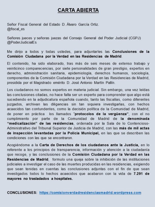 Esta es la carta que han mandado los familiares de las víctimas en las residencias de la Comunidad de Madrid. 

Nos piden difusión. 

Retuitead o subid esta captura. Hagámoslo viral.
7.291