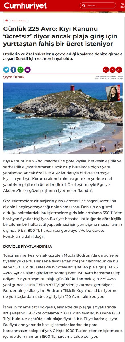 Türkiye'deki bazı sahillere-plajlara giriş ücretleri; ➖Fethiye Ölüdeniz--> 300 TL ➖Çeşme (ortalama)-->1250 TL ➖Bitez--->75 Euro ➖Tilkicik Koyu(Bodrum)-->120 Euro. ⚠️Kanuna göre, tüm kıyılar halka ücretsizdir. Hiç kimse sahili çevirip sahile giriş için para alamaz. Bunun…