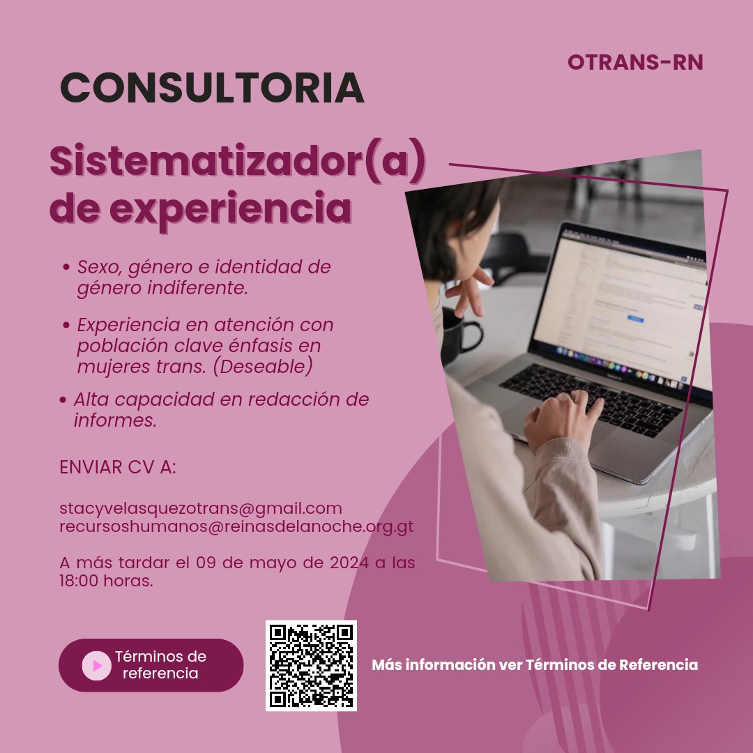 ¡#OportunidadLaboral! OTRANS-RN Guatemala busca #Consultor(a) para Sistematización de Experiencias. Mas información ver TDR: drive.google.com/file/d/1EHkzkf… Envíar documentación a: stacyvelasquez@reinasdelanoche.org.gt y recursoshumanos@reinasdelanoche.org.gt. ¡Aplica ya!