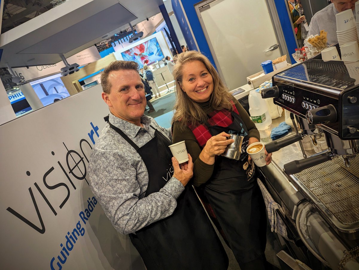 The big question at this year's ESTRO... Which booth is offering the best free coffee? The answer is of course, *Vision RT* where *our* barista Johanna hails from the Vienna School of Coffee & roasts her own beans, direct from El Salvador. Top that @BSCEMEA_Urology #ESTRO24