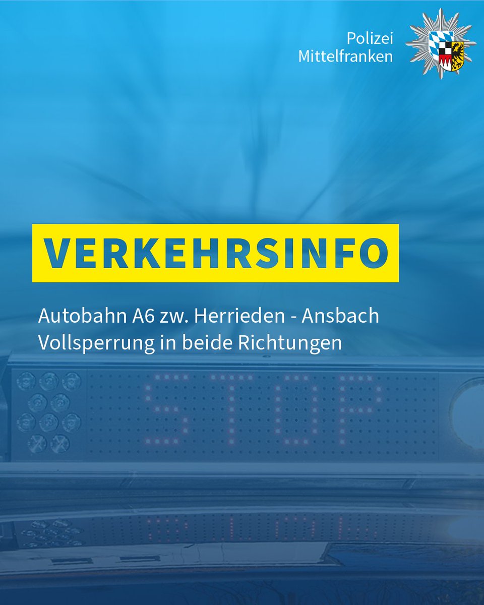 Nach einem schweren #Verkehrsunfall ist die #Autobahn A6 zwischen den Anschlussstellen #Herrieden und #Ansbach in beide Richtungen voll gesperrt. Es sind #Rettungshubschrauber im Einsatz.