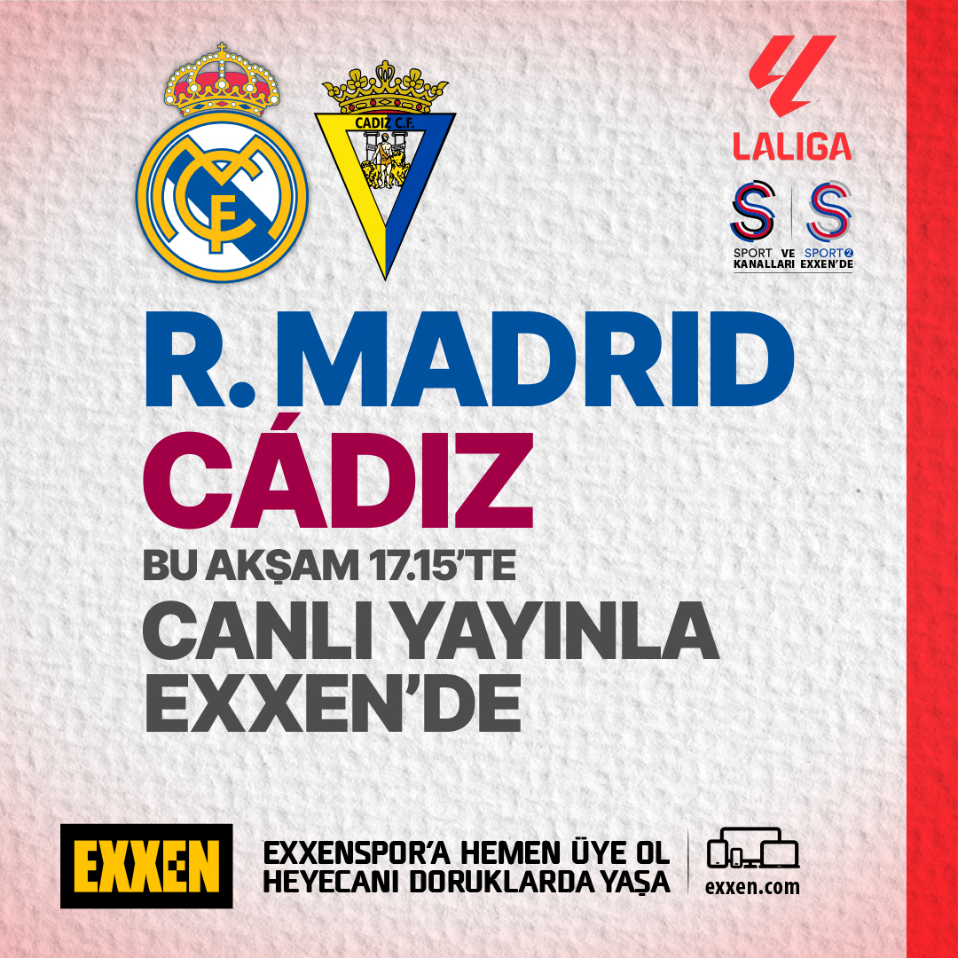 La Liga’da bu akşam Real Madrid-Cádiz karşı karşıya geliyor. Bu maç 17.15’te S Sport’tan canlı yayınla Exxen’de. Hemen exxen.com’a gir, Exxenspor’a hemen üye ol, eğlenceyi ve heyecanı doruklarda yaşatan Exxenspor’un keyfini çıkarmaya başla.
