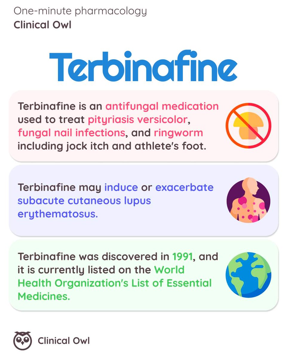 💊 Clinical Pearls about TERBINAFINE !!

#MedEd #MedX #MedTwitter #antifungals #ClinicalPearls