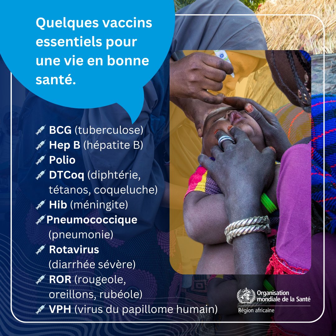 Les #vaccins sauvent des vies en protégeant les enfants et les adultes contre des maladies graves. Voici une liste des vaccins essentiels recommandés par l'OMS pour une vie plus saine 👇👇👇 #SAV2024 #LesVaccinsSauventDesVies #LesVaccinsÇaMarche