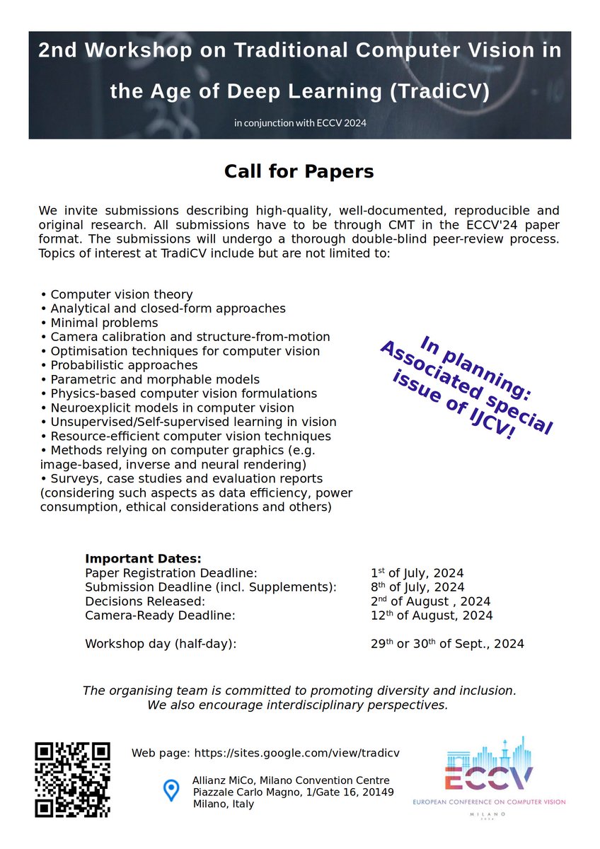 #ECCV2024 Workshop CfP! 
Submit a paper on essential topics before July 8th! 

TradiCV: Traditional Computer Vision in the Age of DL: sites.google.com/view/tradicv

Speakers: Katie Bauman (Caltech), Fredrik Kahl (Chalmers), 
Laurent Kneip (ShanghaiTech) and Richard Szeliski (Google).