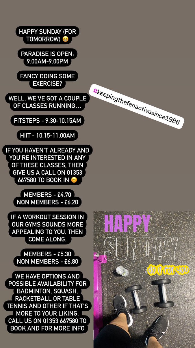 #paradisecentre #paradisecentreely #sportscentre #ely #thefens #fenlife #cambridgeshire #exercise #fitness #gym #fitnessclasses #weights #mentalhealth #keepingactive #sunday #sundayfunday #sundayfitness #sundayworkout #sundaymotivation #sundayvibes #keepingthefenactivesince1986