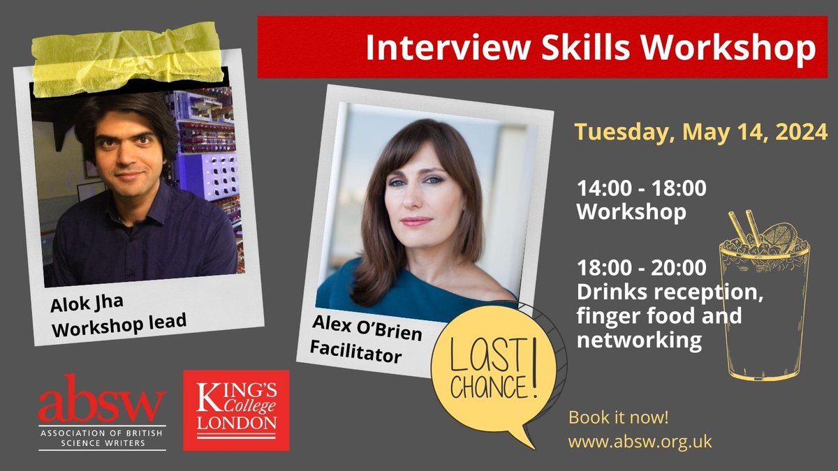 🛑 STOP!!! ✋ ABSW and King's College London have some extra sits available for the Interview skills #workshop with Alok Jha, Sci&Tech Editor at The Economist. 🎯 Book it now! 👉 zurl.co/RsII