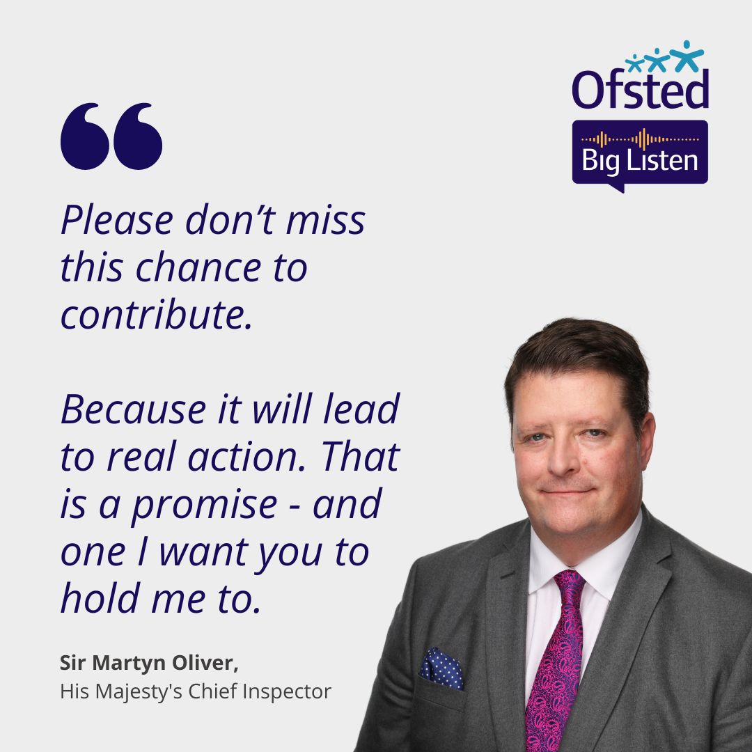 Sir Martyn Oliver has told the @NAHTnews conference that the #BigListen will lead to real action, and called on delegates and everyone in the sector to hold him to that promise. #OfstedBigListen #NAHTconf